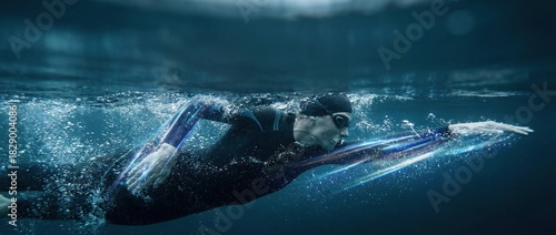 Male swimmer in a sleek black wetsuit glides through clear water, showcasing powerful strokes and dynamic movement, embodying athleticism and determination in a competitive environment