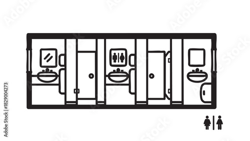 Black and white vector illustration of a public restroom floor plan. Schematic layout design of a washroom with multiple stalls, sinks, and cubicles