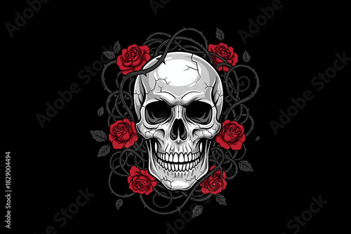 Skull Surrounded By Roses And Vines