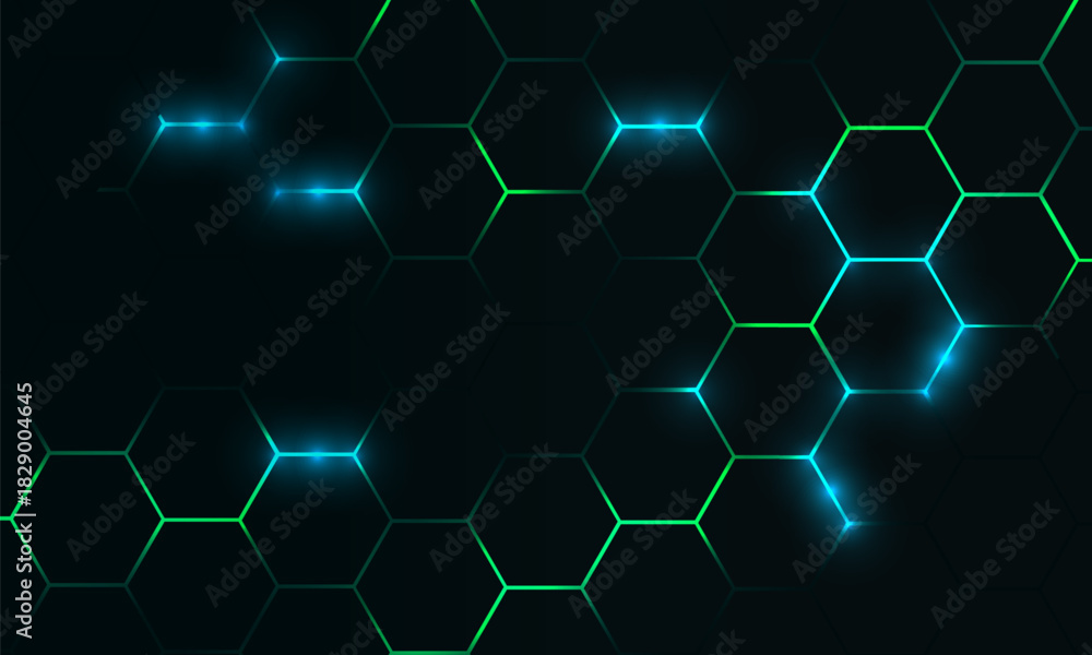 Obraz premium Dark hexagon abstract technology background with blue and green colored bright flashes under hexagon. Hexagonal gaming vector tech illustration black abstract background.