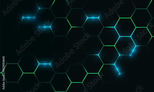 Dark hexagon abstract technology background with blue and green colored bright flashes under hexagon. Hexagonal gaming vector tech illustration black abstract background.