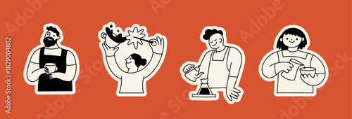 Vector logo and sticker design template, hand drawn doodle sketchy character and mascot, specialty coffee and cafe emblem, happy barista, coffee cup mascot