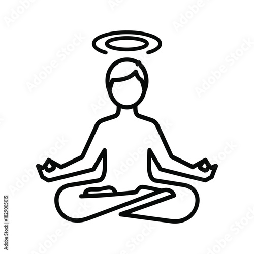 Person meditating in lotus position with halo, isolated on white background