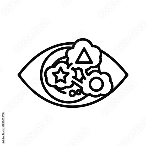 Abstract eye icon with creative thought bubbles and geometric shapes