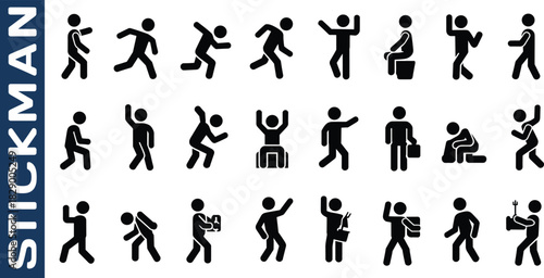 Diverse Stickman Poses and Actions Collection on White Background stick figure icon