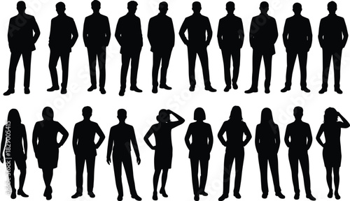 Large collection of diverse male and female silhouettes in various poses on a white background Keywords: silhouette, people, man