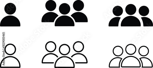 Set of six black and white people icons and group icons Keywords: people icon, group icon, silhouette, man icon, woman icon