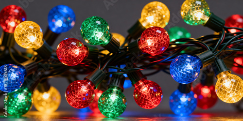 Colorful LED string lights with round faceted bulbs on a dark background. Bright Christmas holiday lighting.