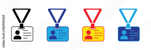 Collection of four distinct identification badge icons with lanyards in black, blue, red, and teal, symbolizing access and membership, isolated on white.