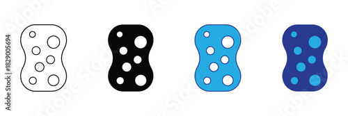 Set of four different sponge icons, showcasing outline, solid black, blue, and dark blue fill with bubble details, representing cleaning and absorption for graphic design.