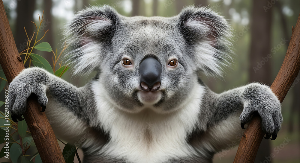 Obraz premium Close-up of a Koala Hugging Tree Branches in Forest marsupial animal