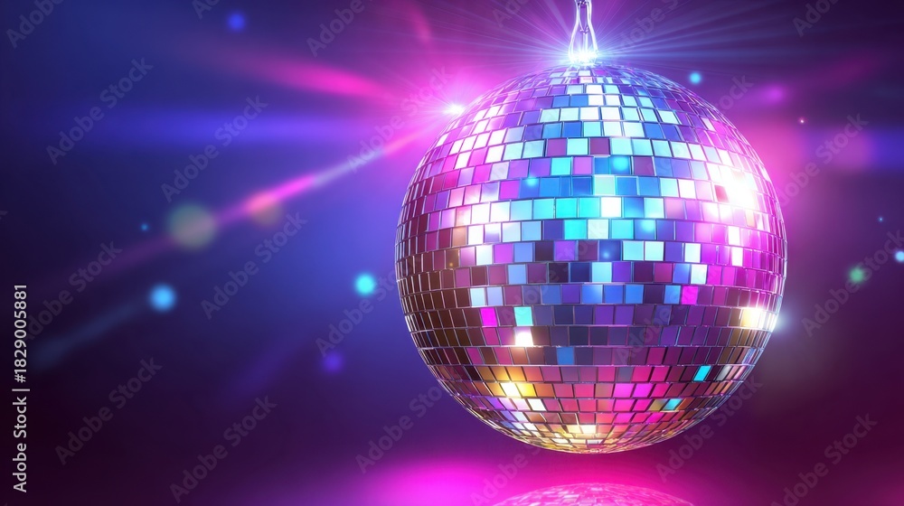 Fototapeta premium Bright lights burst around a shiny disco ball creating an energetic atmosphere perfect for dancing.