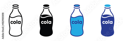Four stylized vector icons of cola bottles in different simple graphic styles, outline, silhouette, and flat design with blue colors