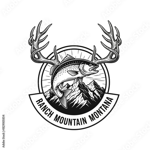 Vintage Monochrome Fishing and Hunting Emblem with Trout, Antlers, and Mountains.