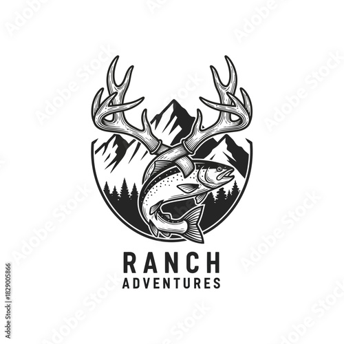Vintage monochrome logo of deer antlers combined with a salmon fish.