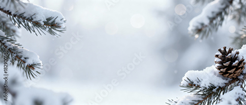 Close-up of snow-covered fir branches, and one with pine cone in bottom right corner, with soft blurred background and festive bokeh.