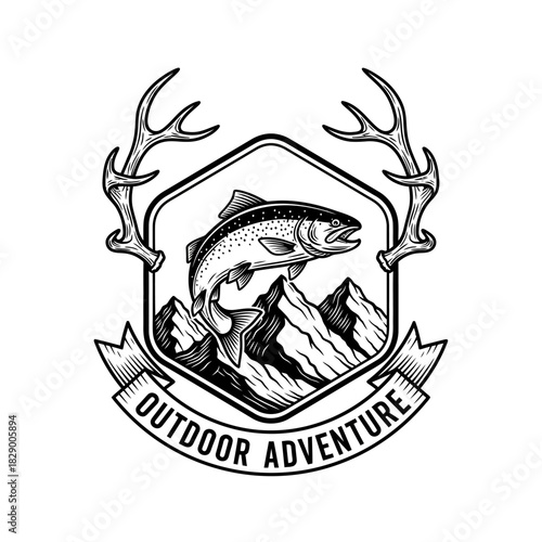 Vintage Outdoor Adventure Emblem with Jumping Fish and Mountains.