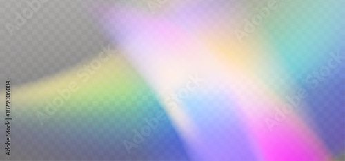 Crystal glass prism with holographic reflections and rainbow flare effect on a transparent background.