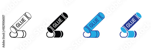 Set of four glue stick icons in different styles, including line art, solid black, and two variations of blue, all isolated on a white background.