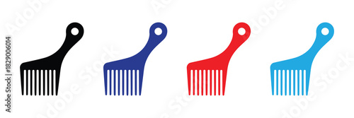 Set of four colorful afro combs, black, blue, red, and cyan, isolated on white background, simple icons for hair care and styling