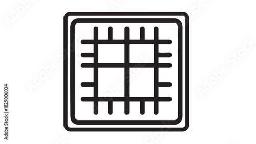 Simple grid icon in a square frame representing structure, system, and layout. A minimalist black line vector symbol for web design, technology, or data organization