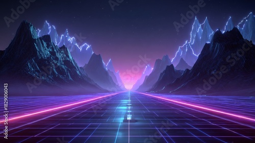 Neon grid landscape with mountains and a glowing horizon in a futuristic style.