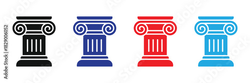 Four ionic style columns in black, blue, red, and sky blue, representing architecture, history, and classical design elements.
