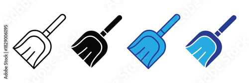 Collection of four dustpan icons with different styles: outline, solid black, solid blue, and outline blue, isolated on a white background