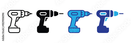 Collection of cordless power drill icons showing various styles: outline, solid black, light blue, and dark blue, isolated.