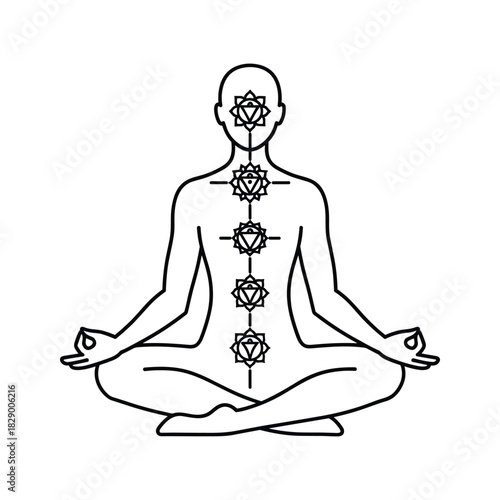 Meditating person in lotus pose with seven chakras, isolated on white