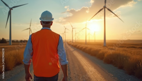 Man walks toward wind turbines on field at sunset. Worker in hardhat and vest inspects eco power station. Alternative energy production at countryside, sustainable tech, ecological solutions.