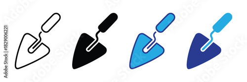 Set of trowel icons in outline, solid black, bright blue, and dark blue variations, isolated on white background for design