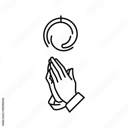 Praying hands with a circular halo symbol, isolated on