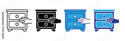 Collection of icons depicting a nightstand with a hand reaching for a drawer, in outline, silhouette, and colored styles for diverse design needs.