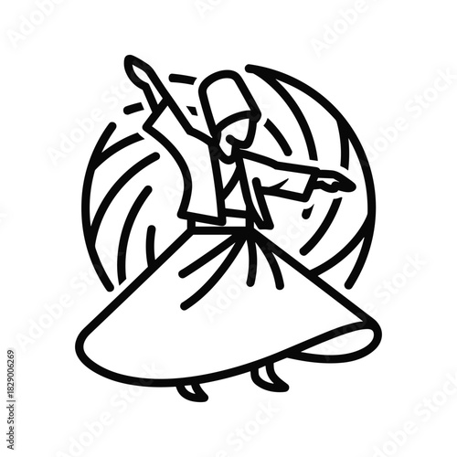Minimalist line art illustration of a whirling dervish dancer