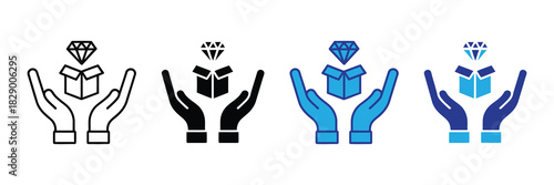 Open gift box with diamond above, supported by cupped hands icon set representing reward, luxury, value, surprise, and careful handling.