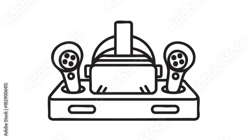Line art illustration of a virtual reality headset with controllers on a charging base