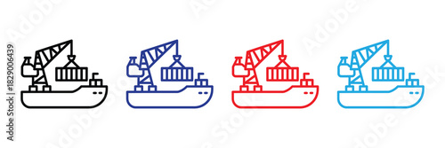 Cargo ship with crane loading container, line art icon set in black, blue, red, and cyan on white background.