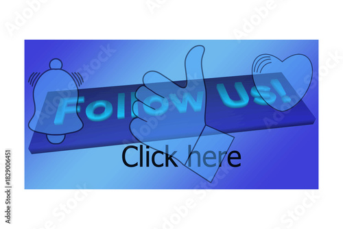 Social media challenge: like, heart, bell, hand, finger, 3D, text, follow us, click here, color drawing in blue shades