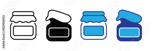 Collection of four stylized jar icons in outline, silhouette, blue outline, and solid blue color variations for diverse design applications