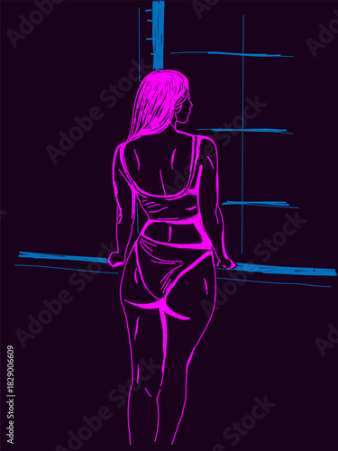 A sketch in purple tones on a dark background of a sexy woman in lingerie standing by a window. Vector illustration of a sexy girl.