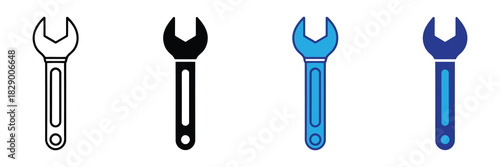 Collection of four different wrench icons, including outline, solid black, blue, and dark blue variants, isolated on white background.