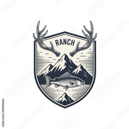 Vintage outdoor ranch logo with fish mountains and antlers.