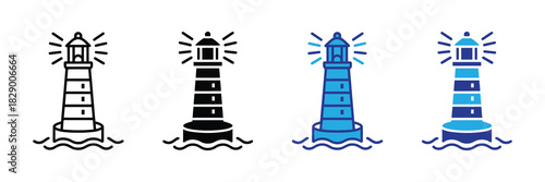 Collection of lighthouse icons featuring distinct styles: outline, solid black, and two color variations in blue and navy.
