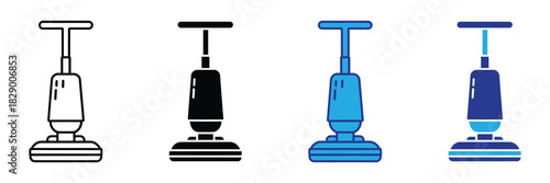 Set of vacuum cleaner icons in outline, solid, blue, and dark blue styles, representing cleaning and household appliances on a white background.