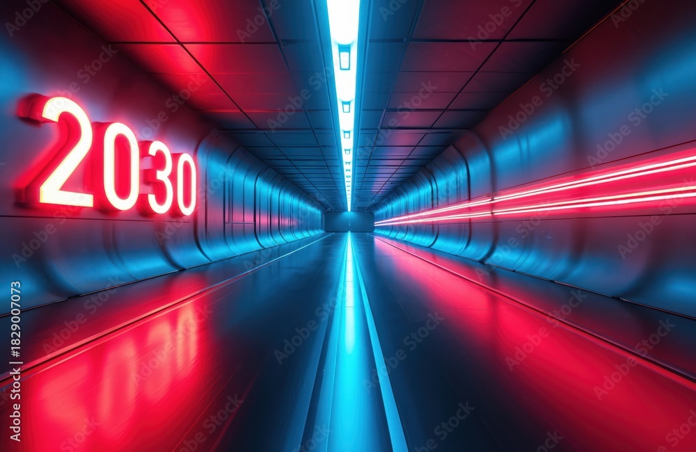 Fototapeta premium Futuristic tunnel with red neon 2030 sign on wall. Light trails show high speed motion in glowing blue corridor. Future tech progress, innovation, digital journey concept. Modern transport