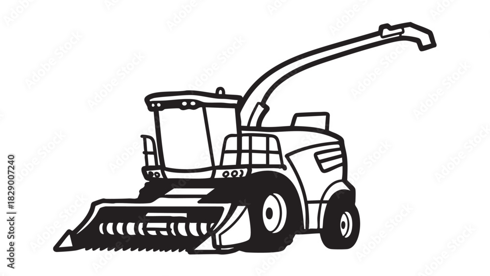 Naklejka premium Agricultural harvesting machine illustration Vector artwork of a forage harvester in black and white