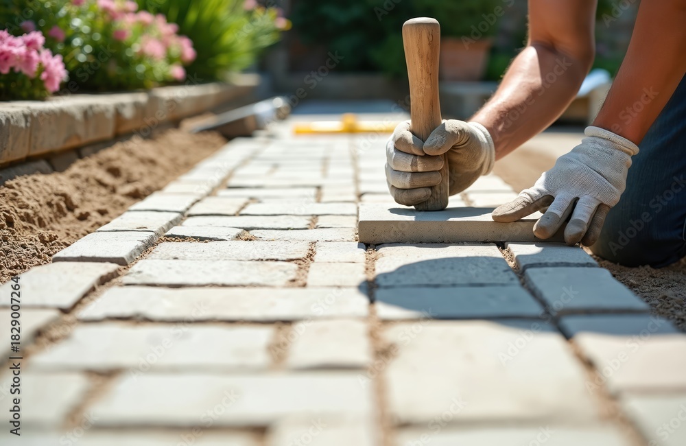 Fototapeta premium Worker places paving stones with mallet on sand base. Builder creates garden pathway, laying concrete blocks manually. Person crafts stone walkway in home courtyard, using protective gloves.