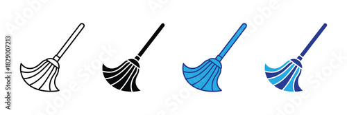 Collection of stylized mop icons with different design styles: outline, solid black, solid blue, and two-tone blue, on a white background.