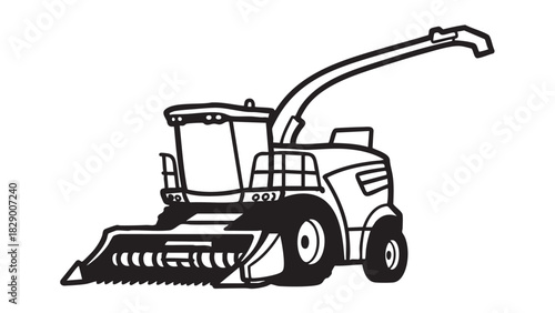 Agricultural harvesting machine illustration Vector artwork of a forage harvester in black and white